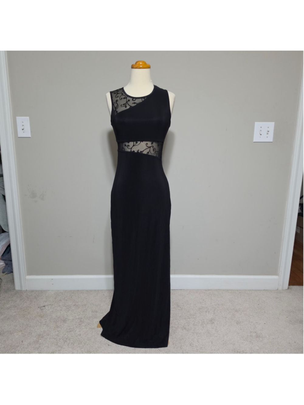 Byer Too Black Mesh Flocked Sheer Cutout Maxi Dress Medium USA